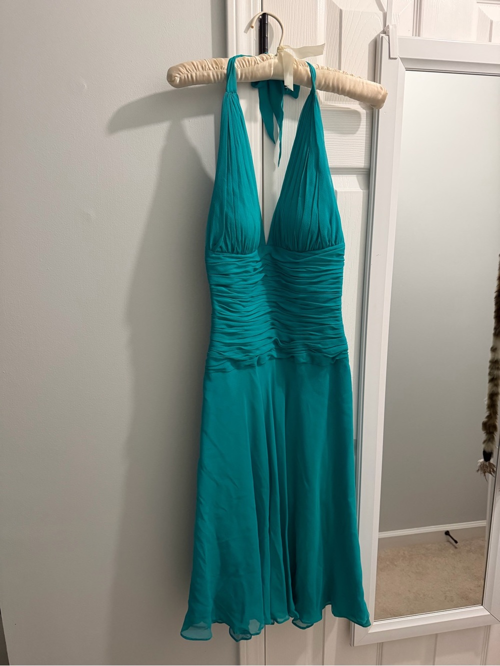 Cache Teal Halter Ruched Midi Dress